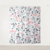 Roze Bloemen Grijze Bladen Patroon Girly Design Wandkleed (Voorkant)