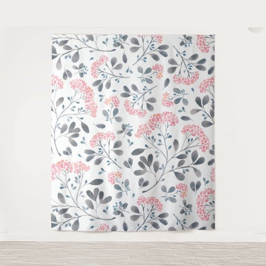 Roze Bloemen Grijze Bladen Patroon Girly Design Wandkleed (Voorkant)