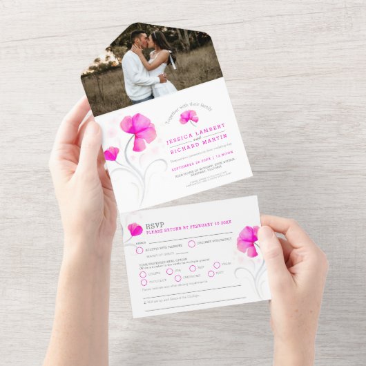 Roze bloemen grijze zwijn waterverf trouwfoto all in one uitnodiging (Afscheurbaar)