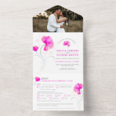 Roze bloemen grijze zwijn waterverf trouwfoto all in one uitnodiging (Binnen)