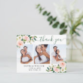 Roze bloemen groen 3 foto dank je wel briefkaart (Staand voorkant)