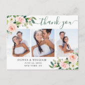 Roze bloemen groen 3 foto dank je wel briefkaart (Voorkant)