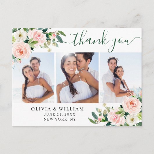 Roze bloemen groen 3 foto dank je wel briefkaart (Voorkant)