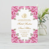 Roze Bloemen & Groen Blad Islamitische Moslim Brui Kaart (Staand voorkant)