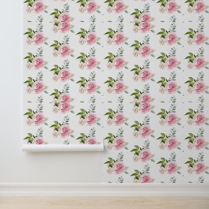 Roze Bloemen groen bladeren Waterverf Chic Behang