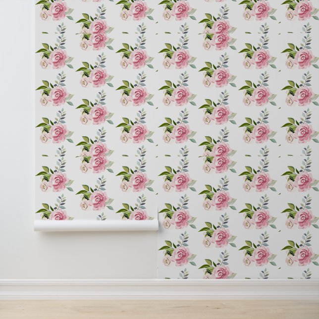 Roze Bloemen groen bladeren Waterverf Chic Behang (Applicatie)