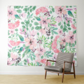 Roze Bloemen groen Bladpatroon Girly Design Wandkleed (In Situ (horizontaal))