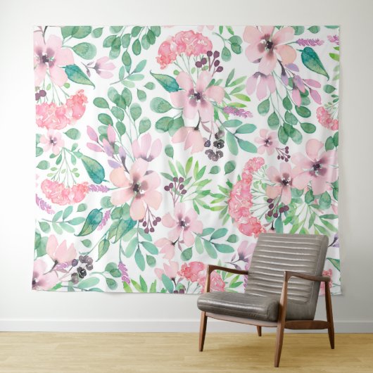 Roze Bloemen groen Bladpatroon Girly Design Wandkleed (In Situ (horizontaal))