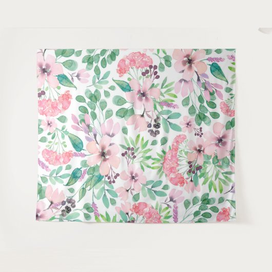 Roze Bloemen groen Bladpatroon Girly Design Wandkleed (Voorkant (horizontaal))