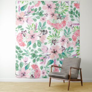 Roze Bloemen groen Bladpatroon Girly Design Wandkleed