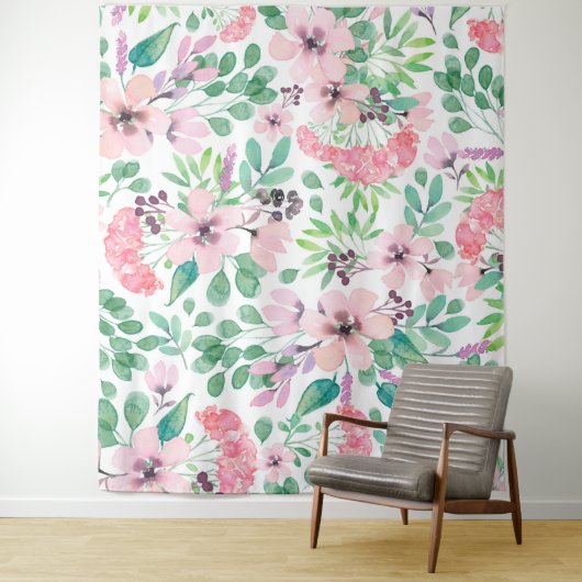 Roze Bloemen groen Bladpatroon Girly Design Wandkleed (In situ)