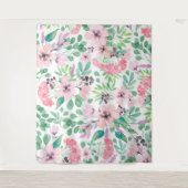 Roze Bloemen groen Bladpatroon Girly Design Wandkleed (Voorkant)