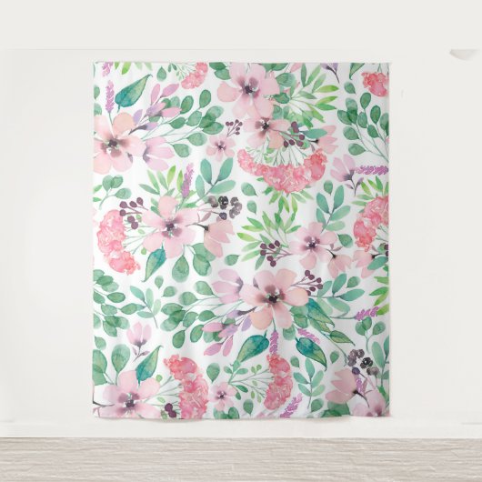 Roze Bloemen groen Bladpatroon Girly Design Wandkleed (Voorkant)