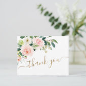 Roze bloemen groen bloemstuk dank je wel briefkaart (Staand voorkant)