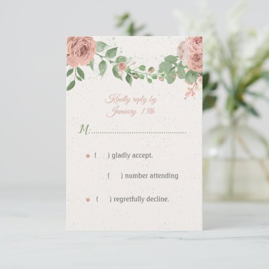 roze bloemen groen botanisch RSVP kaartje (Staand voorkant)