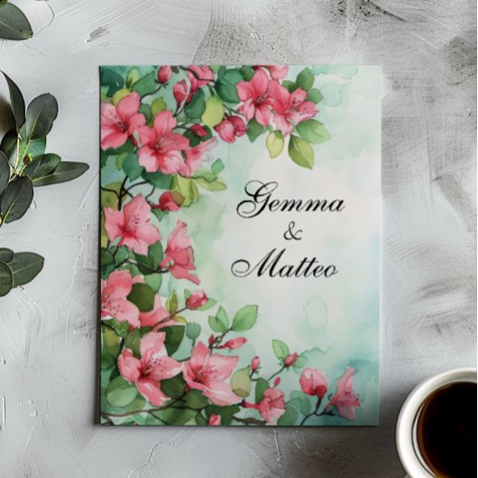 Roze Bloemen Groen Bruiloft Kaart