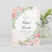 Roze Bloemen & Groen Elegant Mooie Bruiloft Kaart (Staand voorkant)