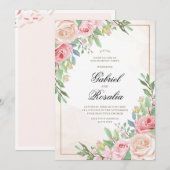 Roze Bloemen & Groen Elegant Mooie Bruiloft Kaart (Voorkant / Achterkant)