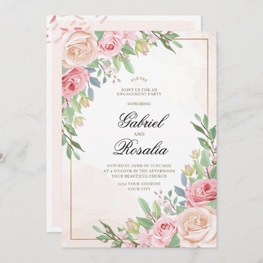 Roze Bloemen & Groen Elegant Mooie Bruiloft Kaart (Voorkant / Achterkant)