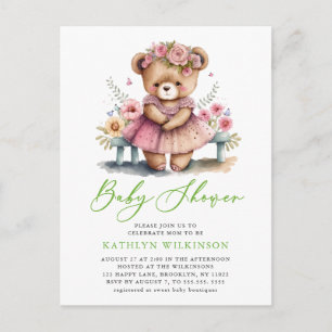 Roze Bloemen Groen Elegant Script Meisje Baby Show Uitnodiging Briefkaart