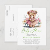 Roze Bloemen Groen Elegant Script Meisje Baby Show Uitnodiging Briefkaart (Voorkant / Achterkant)