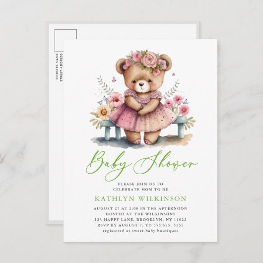 Roze Bloemen Groen Elegant Script Meisje Baby Show Uitnodiging Briefkaart (Voorkant / Achterkant)