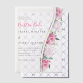 Roze Bloemen Groen Foliage Nuestra Boda Bruiloft Vellum Uitnodigingen (Offset (Uitnodiging))