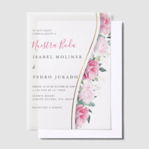 Roze Bloemen Groen Foliage Nuestra Boda Bruiloft Vellum Uitnodigingen