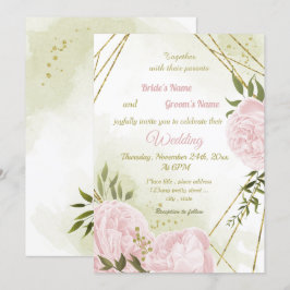  roze bloemen groen-geometrische bruiloft kaart