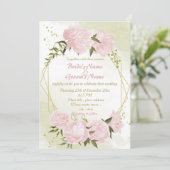  roze bloemen groen-geometrische bruiloft kaart (Staand voorkant)