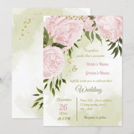  roze bloemen groen-geometrische bruiloft kaart