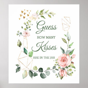 Roze bloemen, groen Guess How Many Kisses Game Poster