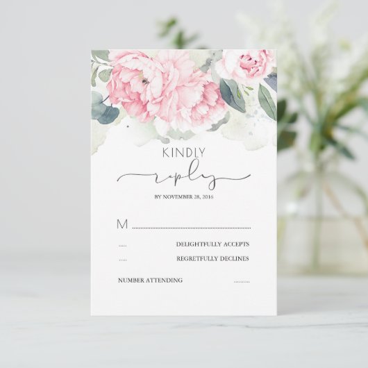 Roze Bloemen Groen Splashes Bruiloft RSVP (Staand voorkant)