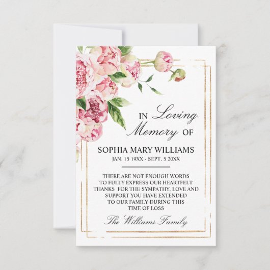 Roze Bloemen & Groen Sympathie Geheugen Dank u kaa Bedankkaart (Voorkant)