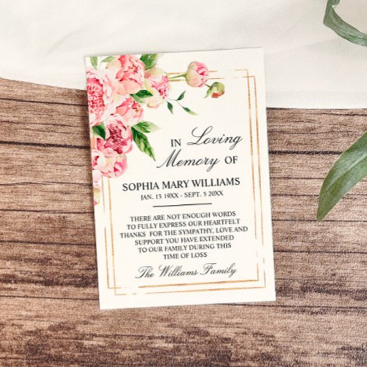 Roze Bloemen & Groen Sympathie Geheugen Dank u kaa Bedankkaart