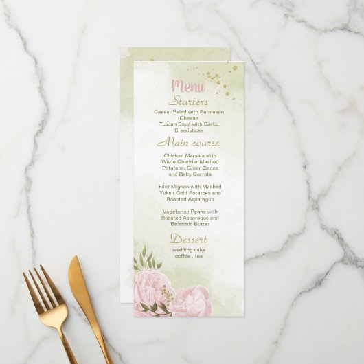 roze bloemen groen voor bruiloft menu (Voorkant / Achterkant in situ)