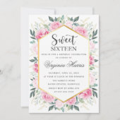 Roze Bloemen Groen Zoet Zestien 16 Verjaardag Kaart (Voorkant)
