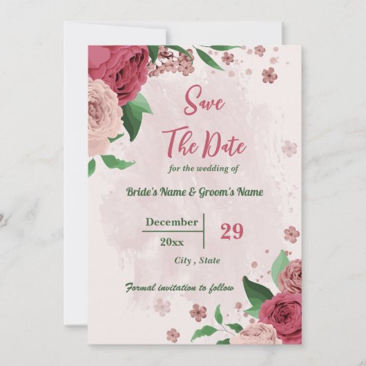 Roze Bloemen Groene bladeren Botanisch Save The Date (Voorkant)