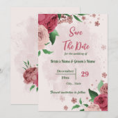 Roze Bloemen Groene bladeren Botanisch Save The Date (Voorkant / Achterkant)