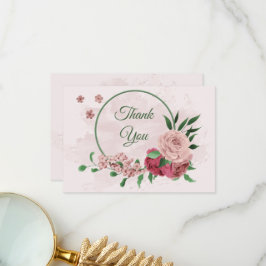 Roze Bloemen Groene bladeren Botanische bruiloft Bedankkaart