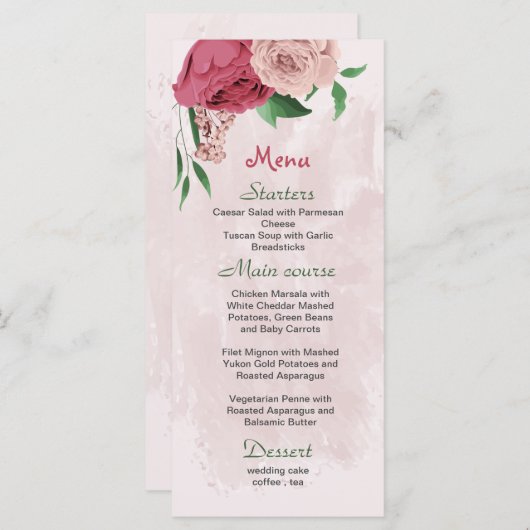 Roze Bloemen Groene bladeren Botanische bruiloft Menu (Voorkant / Achterkant)