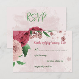 Roze Bloemen Groene bladeren Botanische bruiloft RSVP Kaartje
