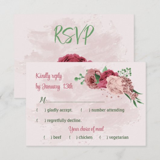 Roze Bloemen Groene bladeren Botanische bruiloft RSVP Kaartje (Voorkant / Achterkant)
