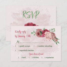 Roze Bloemen Groene bladeren Botanische bruiloft RSVP Kaartje