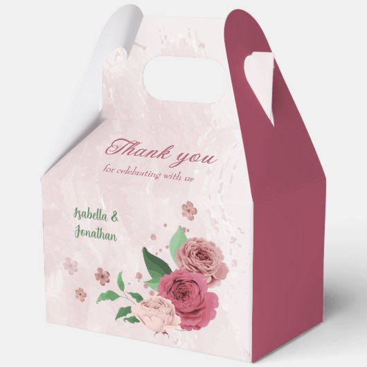 Roze bloemen Groene bladeren bruiloft Bedankdoosjes (Voorkant)