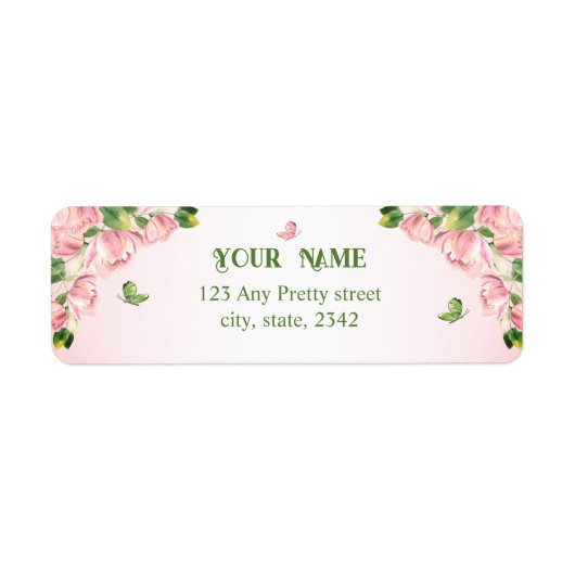 roze bloemen groene bladeren bruiloft etiket (Voorkant)