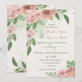 roze bloemen groene bladeren bruiloft kaart (Voorkant / Achterkant)
