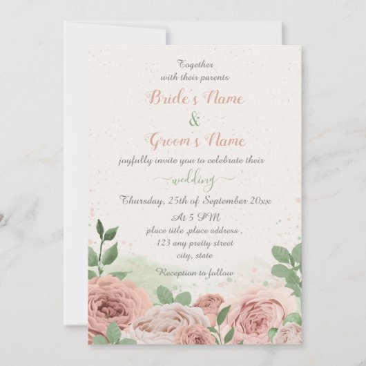 roze bloemen groene bladeren bruiloft kaart (Voorkant)