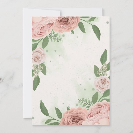 roze bloemen groene bladeren bruiloft kaart (Achterkant)