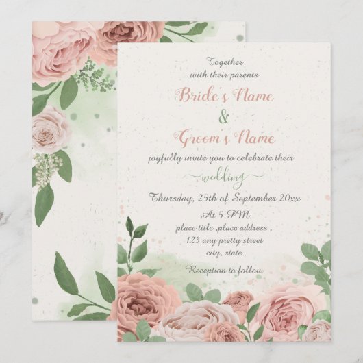 roze bloemen groene bladeren bruiloft kaart (Voorkant / Achterkant)
